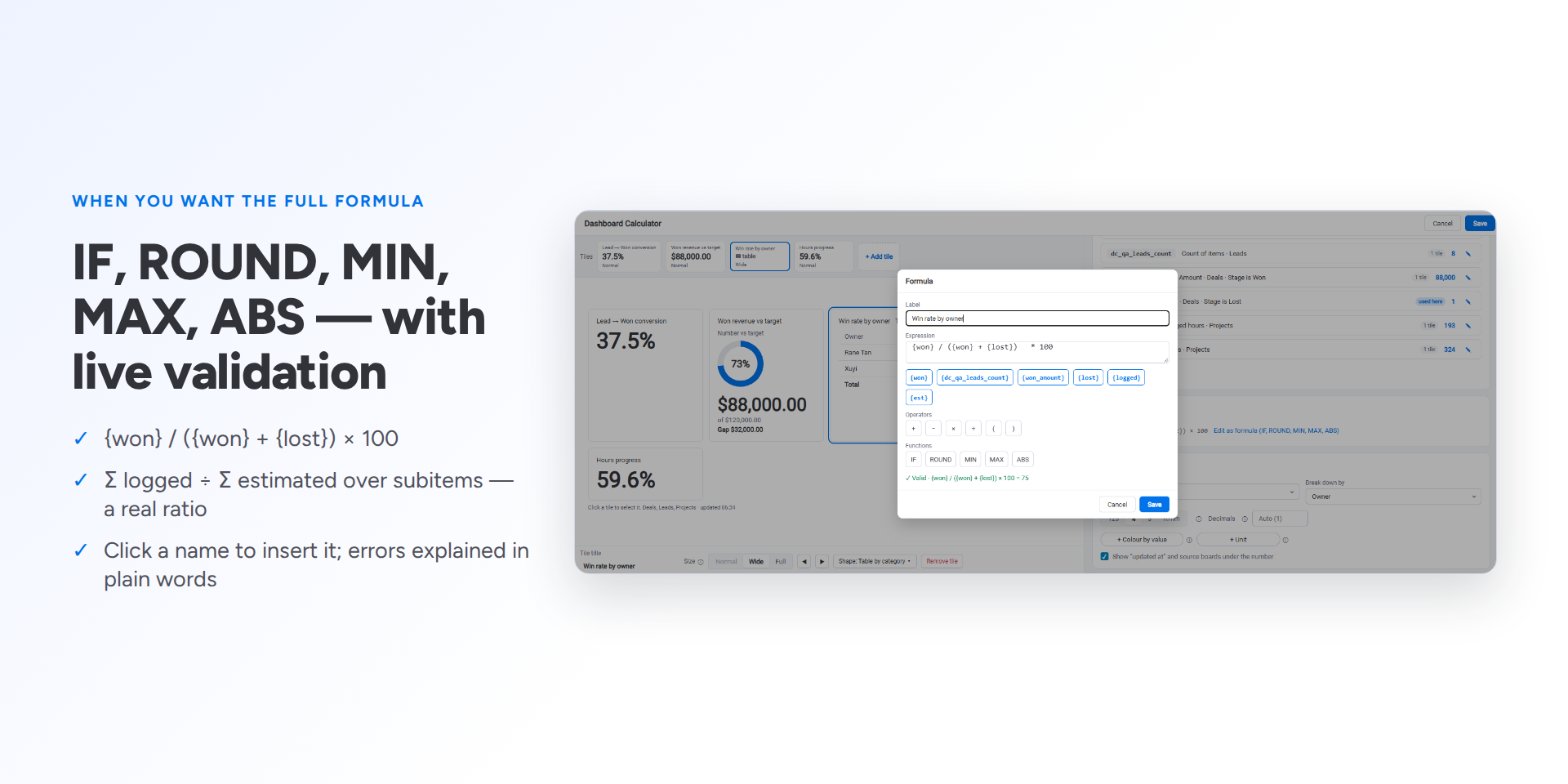 Formula dialog with IF, ROUND, MIN, MAX, ABS